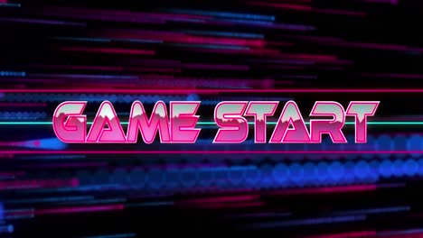 Animation-of-game-start-text-between-lines-over-multicolored-dots-against-black-background