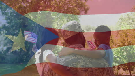 Animación-De-La-Bandera-De-Puerto-Rico-Sobre-Un-Soldado-Afroamericano-Con-Su-Hijo-Y-Su-Hija.