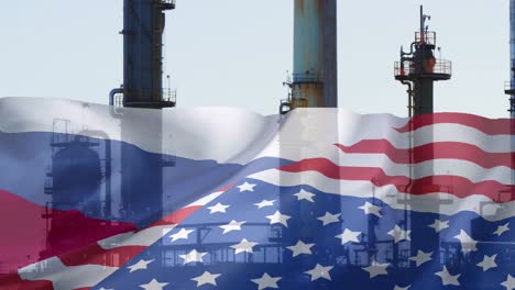 Animation-Der-Ölfabrik-Und-Der-Flagge-Russlands-Und-Der-USA