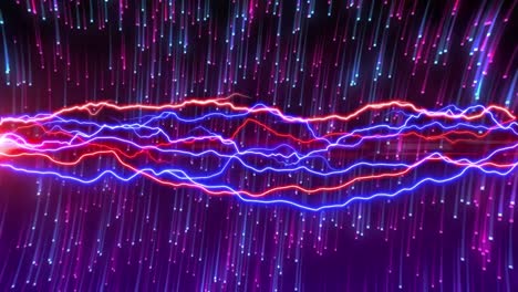 Animation-of-blue-and-red-electric-currents-over-pink-and-blue-lights-on-dark-background