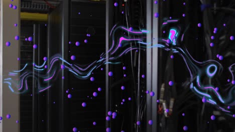 Animation-of-blue-and-pink-lights-and-purple-spheres-over-computer-servers