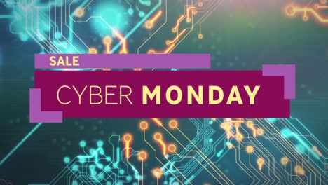 Animation-of-cyber-monday-sale-text-over-computer-circuit-board