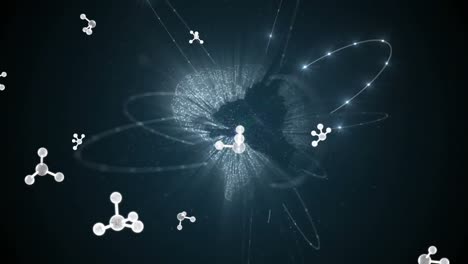 Animation-of-molecules-over-globe-with-connections-on-black-background
