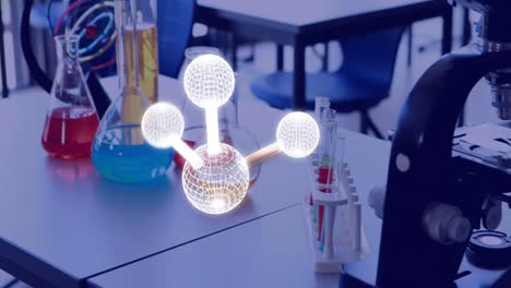 Animation-of-molecule-over-science-equipment-in-classroom