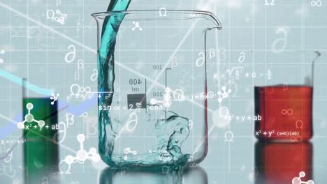 Animation-of-molecules-and-mathematical-equations-over-beakers-with-colorful-liquid