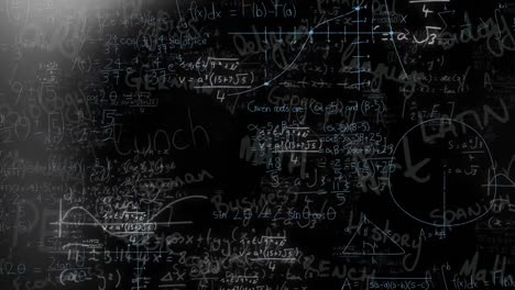 Animation-of-mathematical-equations-and-light-spot-against-black-chalkboard-background