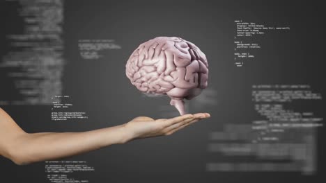 Animation-of-human-brain-and-data-processing-over-woman's-hand