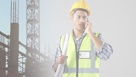 Animation-of-caucasian-male-architect-with-phone-and-plans-over-construction-site