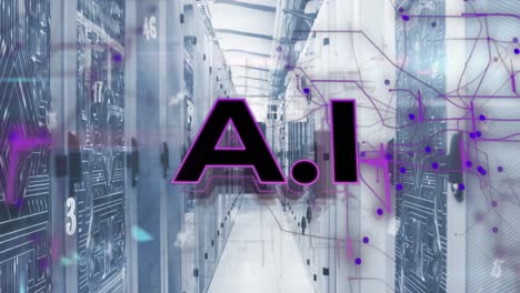 Animation-of-ai-text-banner,-purple-light-trails,-numbers-and-alphabets-against-computer-server-room