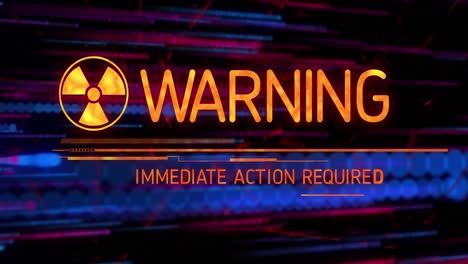 Animation-of-warning-text-banner-and-radioactive-symbol-against-glowing-blue-and-pink-light-trails