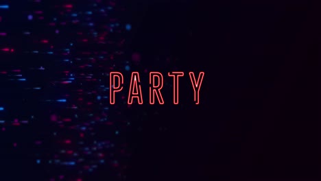 Animation-of-party-text-banner-over-glowing-blue-and-pink-particles-against-black-background