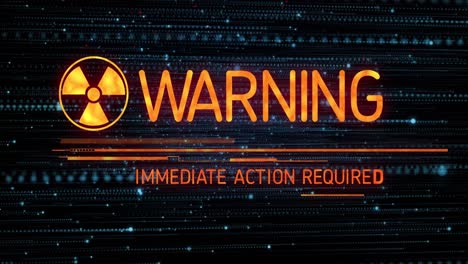 Animation-of-warning-text-banner-and-radioactive-symbol-against-glowing-blue-light-trails
