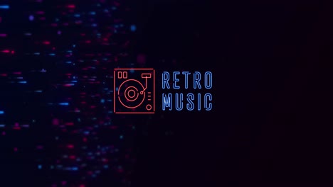 Animation-of-retro-music-text-banner-over-glowing-blue-and-pink-particles-against-black-background