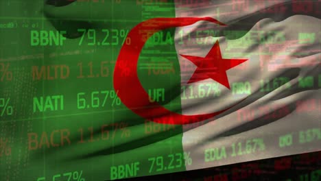 Animation-of-stock-market-data-processing-against-waving-algeria-flag