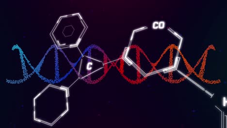 Animation-Von-DNA,-Chemischen-Strukturen-Und-Datenverarbeitung-Vor-Violettem-Hintergrund-Mit-Farbverlauf