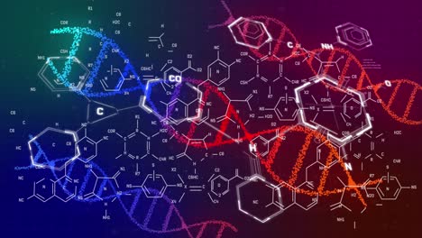 Animation-Von-DNA-Und-Chemischen-Strukturen-Vor-Violettem-Hintergrund-Mit-Farbverlauf