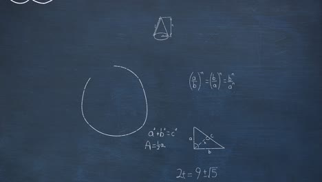Animation-of-mathematical-equations-and-formulas-floating-against-blue-chalkboard-background