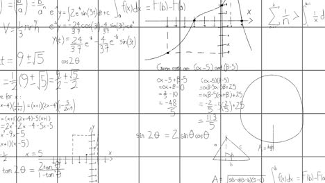 Animation-of-mathematical-equations-and-formulas-over-squared-lined-white-background