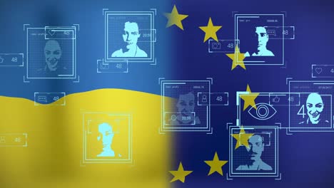 Animation-of-people-profiles-and-multiple-computer-icon-over-waving-ukraine-and-european-union-flags