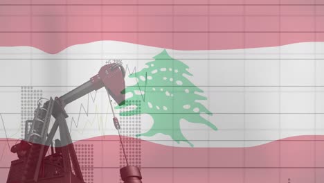 Animation-of-lebanon-flag-and-multiple-graphs-over-crane-moving-at-construction-site