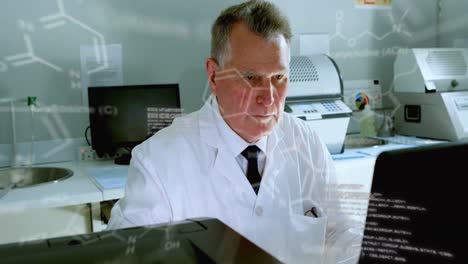 Animation-of-medical-data-processing-on-caucasian-senior-male-scientist-using-computer-at-laboratory