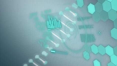 Animation-of-dna-helix,-loading-circles,-bar,-graph-and-hexagon-pattern-over-abstract-background