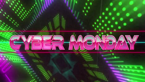 Animation-of-cyber-monday-text-banner-against-neon-abstract-shapes-in-seamless-pattern