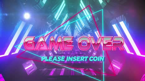 Animation-of-game-over-and-please-insert-coin-text-on-triangles-over-triangular-tunnel