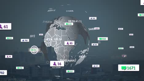 Animation-of-social-media-icons-over-spinning-globe-against-aerial-view-of-cityscape