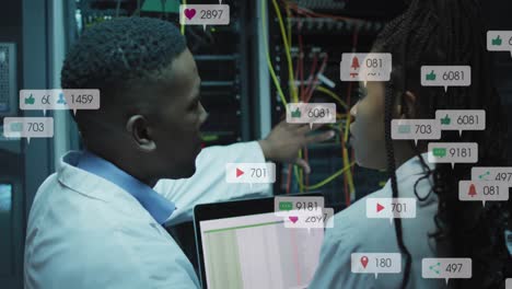 Animation-of-notification-bars-over-african-american-engineers-discussing-about-data-server-system