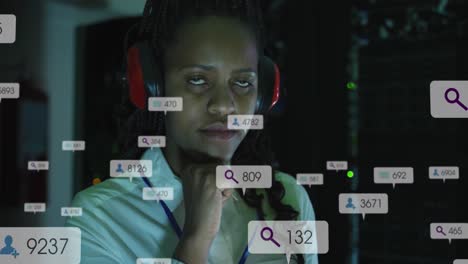 Animation-of-notification-bars-over-african-american-woman-with-headphone-standing-in-server-room