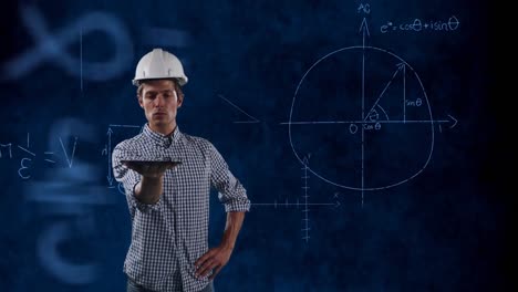 Animation-of-caucasian-architect-with-tablet-and-mathematical-equations-on-black-background