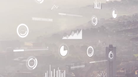 Animation-of-multiple-graphs,-loading-circles-and-bars-over-fog-covered-modern-cityscape