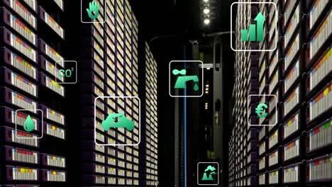 Animation-of-green-technology-icons-moving-over-data-server-room