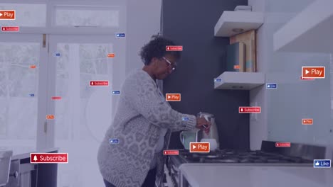 Animation-of-notification-bars,-senior-african-american-woman-preparing-coffee-in-kitchen-at-home