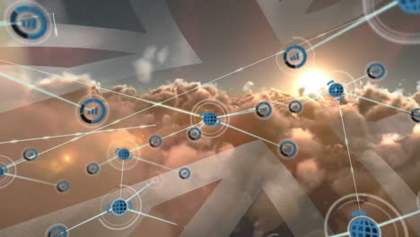 Animation-of-network-of-profile-icons-over-clouds-and-sun-in-the-sky-against-waving-uk-flag