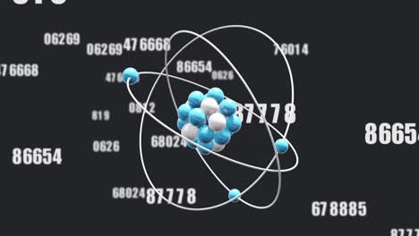 Animation-of-micro-of-atom-models-and-numbers-over-black-background