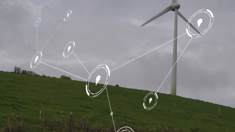 Animation-of-network-of-conncetions-with-icons-over-wind-turbine