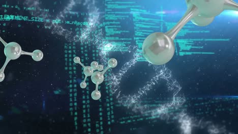 Animation-of-3d-micro-of-molecules,-data-processing-and-dna-strands-on-blue-background