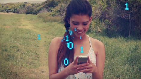 Animation-of-binary-coding-against-biracial-woman-smiling-while-using-smartphone-in-the-park