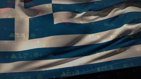 Animation-of-stock-market-data-processing-against-waving-greece-flag
