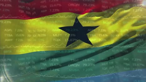 Animation-of-stock-market-data-processing-against-waving-ghana-flag