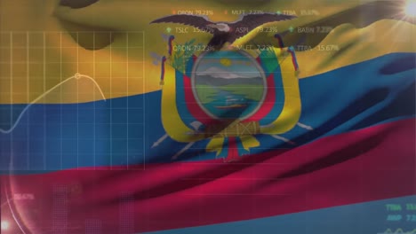 Animation-of-statistical-and-stock-market-data-processing-against-waving-ecuador-flag