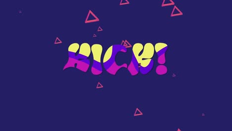 Animation-of-kick-text-in-purple-and-yellow-distorting-with-red-triangles-on-dark-background