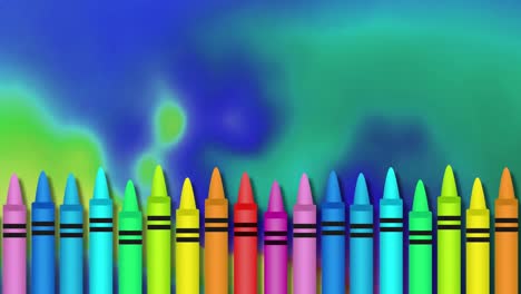 Animation-of-row-of-multi-coloured-crayons-over-blue-and-green-background