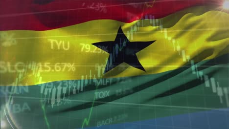 Animation-of-stock-market-data-processing-against-waving-ghana-flag