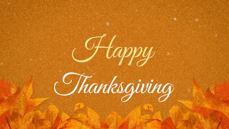 Animation-of-happy-thanksgiving-text-banner-against-autumn-leaves-pattern-on-orange-background