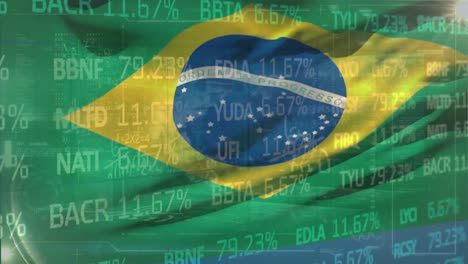 Animation-of-stock-market-data-processing-against-waving-brazil-flag