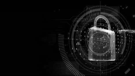 Animation-of-round-scanner-and-data-processing-over-security-padlock-icon-against-black-background