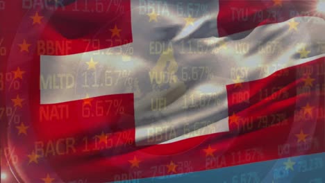 Animation-of-stock-market-data-processing-against-waving-switzerland-flag